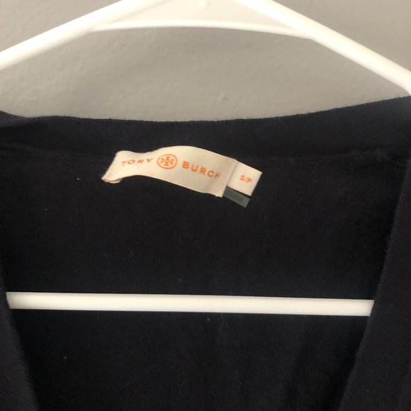 Tory Burch Navy Blue 100% Merino Wool V-Neck Cardigan Small Gold Logo Buttons - Picture 5 of 10